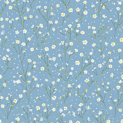 Tiny white flowers on a light blue background, a seamless pattern
