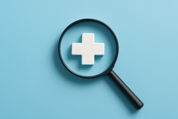 Obraz premium Healthcare Focus: A magnifying glass over a white cross, symbolizing the precise and meticulous attention given to healthcare and medical advancements. 