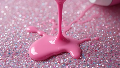 Pink Nail Lacquer Dripping onto Glittery Surface

