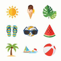 Fototapeta premium Colorful summer vacation travel leisure beach icons collection