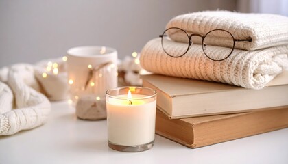 Cozy Scene: Lit Candle, Books, Sweater, and Glasses Create Warmth.