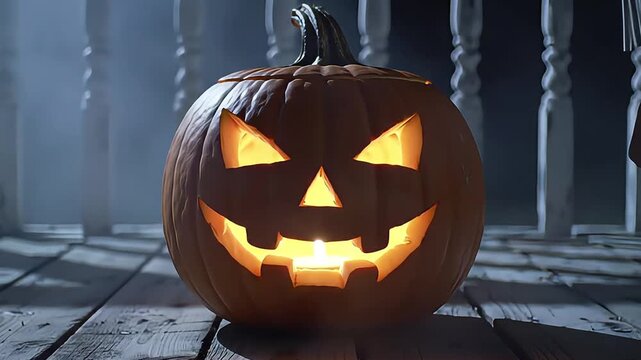 A Creepy Pumpkin Glowing in the Fog at Midnight

