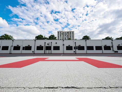 Helipad with Red Cross Mark and Modern Building Backdrop - Powered by Adobe