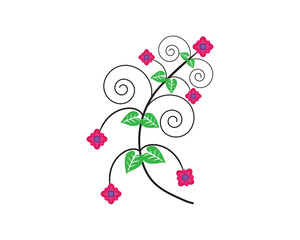 Vector illustration of a decorative plant graphic design featuring a curved stem with green leaves and pink flowers with a purple center. This design has a decorative style with spiral elements
