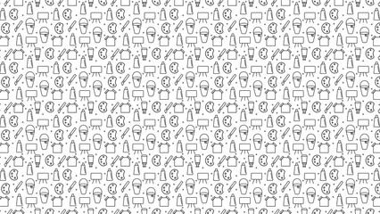 Seamless pattern of art supplies including paintbrushes palettes easels and paint tubes on white...