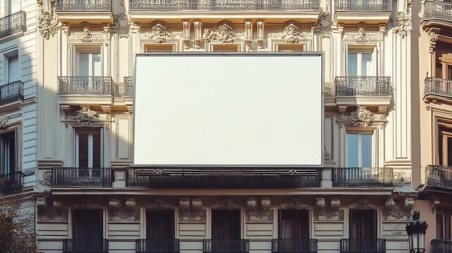 A blank billboard is mounted on an ornate building facade