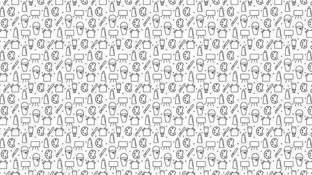 Seamless pattern of art supplies including paintbrushes palettes easels and paint tubes on white background