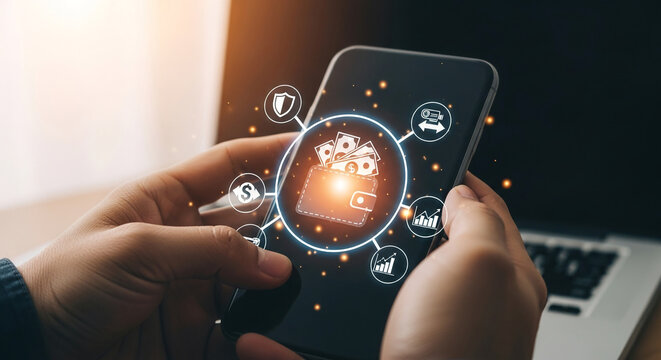 Close-up of hands holding smartphone displaying digital wallet interface with financial icons, symbolizing mobile banking, online payment, and financial technology
