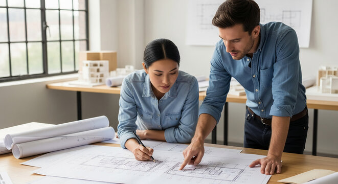 Two architects, man and woman, collaborate over blueprints, reviewing building plans together, showcasing teamwork and professional design process - Powered by Adobe