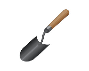Vector design of a garden trowel used for digging, planting, or moving small amounts of soil. This tool has a concave metal blade and a wooden handle.