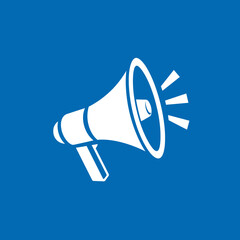
A flat vector logo of a megaphone, with a blue background color and a white silhouette.