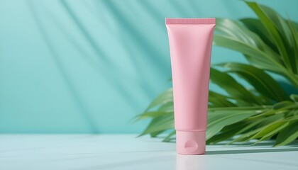 Tropical Leaves Behind Pink Cosmetic Tube
