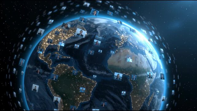 Global Connectivity: The Earth is encircled by a network of interconnected profile icons representing the world's diverse population, symbolizing globalization and digital collaboration.