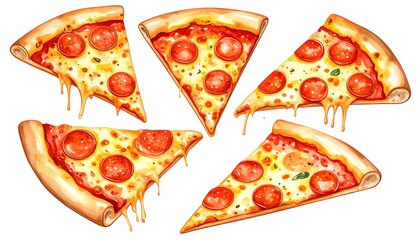 Watercolor painting of six pepperoni pizza slices, cheese dripping