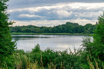 Scenic lake surrounded by lush forest and wild vegetation under a cloudy summer sky. Peaceful natural landscape with no human presence.