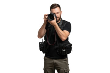 Focused male photographer in a professional vest taking a picture with a DSLR camera