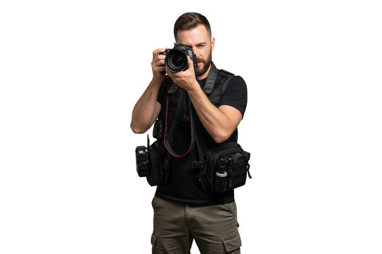Focused male photographer in a professional vest taking a picture with a DSLR camera