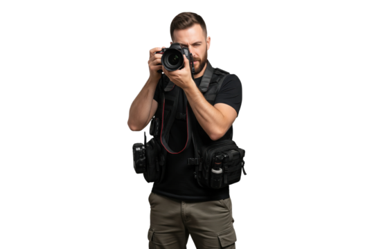 Focused male photographer in a professional vest taking a picture with a DSLR camera - Powered by Adobe