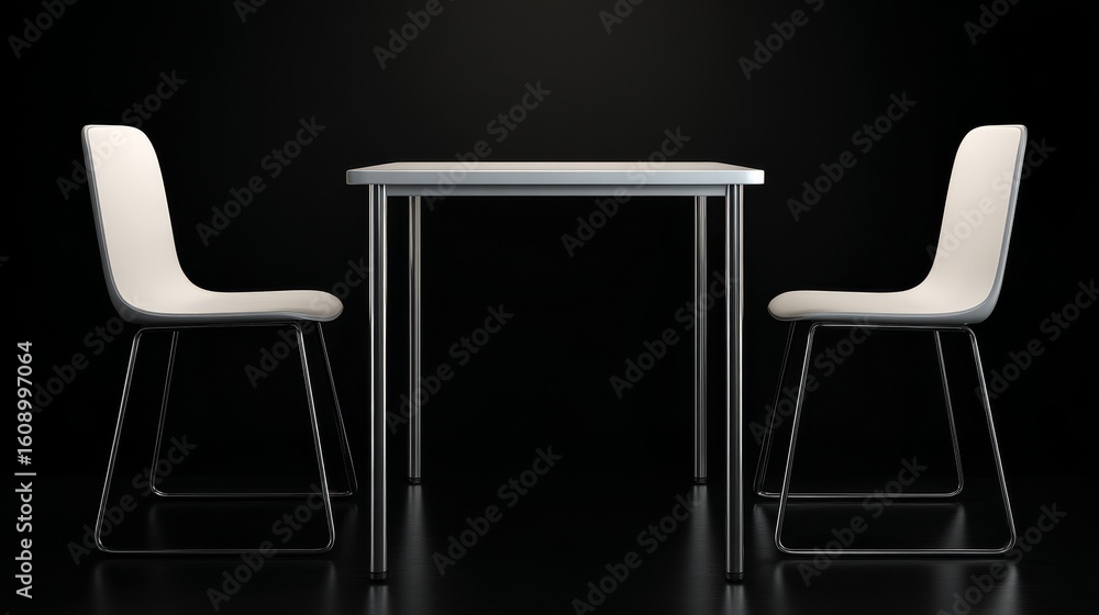 Poster front view of white 3d rectangular table with two chairs facing it against black background, minimal