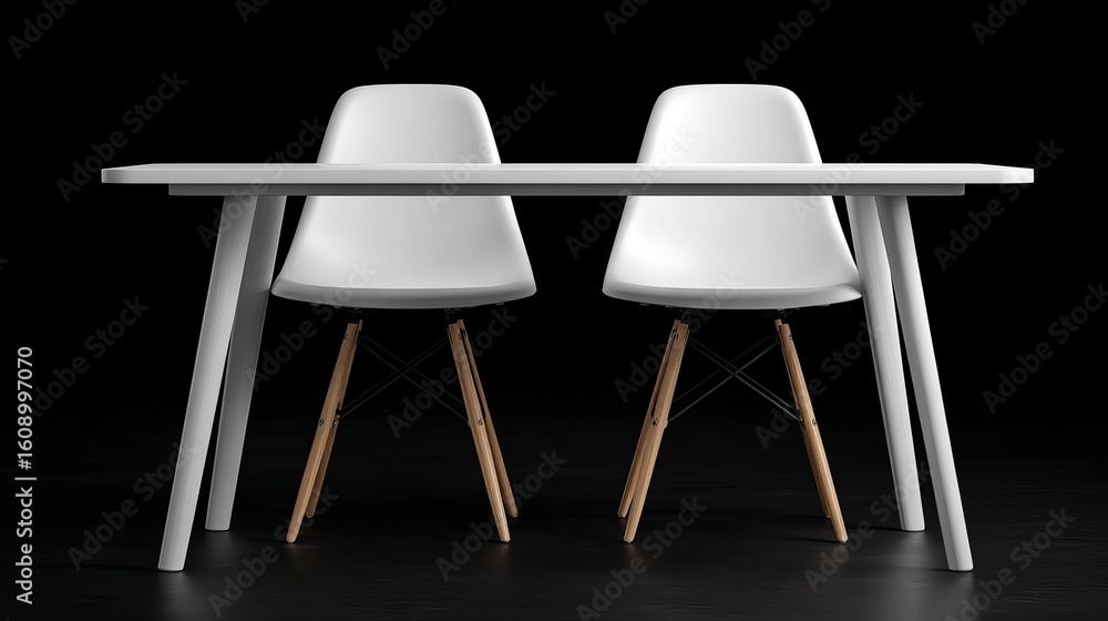 Poster front view of white 3d rectangular table with two chairs facing it against black background, minimal