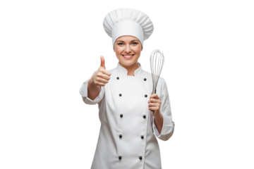 Happy female chef in uniform holding a whisk and giving a thumbs-up