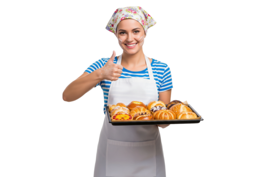 Cheerful female baker with flour on her face holding a tray of fresh pastries and giving a thumbs-up
