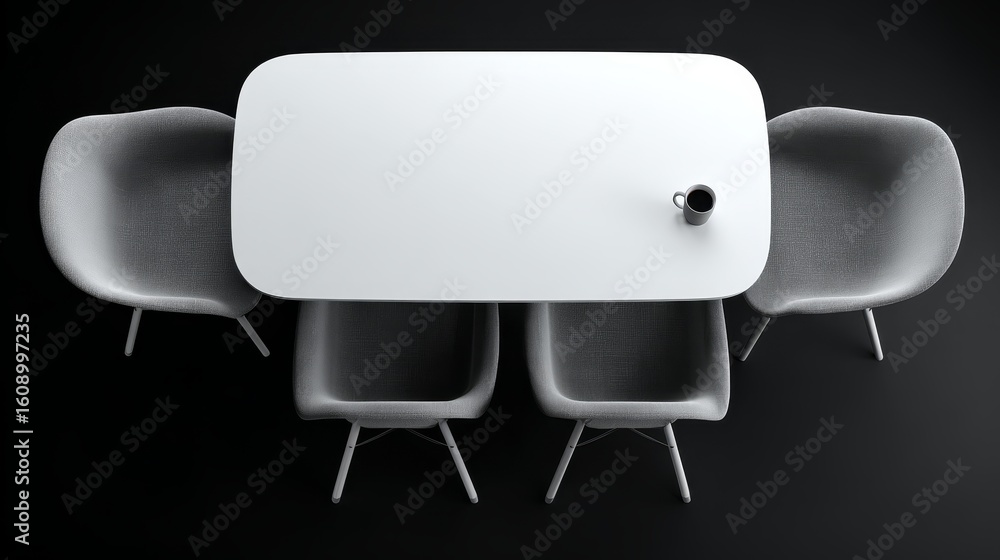 Poster front view of white 3d rectangular table with two chairs facing it against black background, minimal