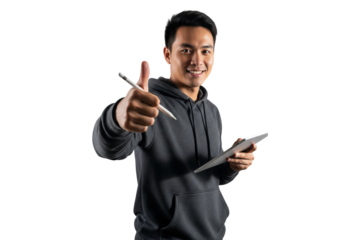 Cheerful young Asian man using a digital tablet and stylus, giving a thumbs-up