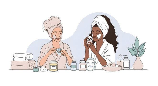 Diverse Women's Self-Care Spa Day: Friends in Bathrobes with Face Masks and Skincare Routine