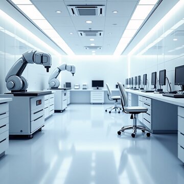 Futuristic Biomedical Laboratory with Robotic Arms