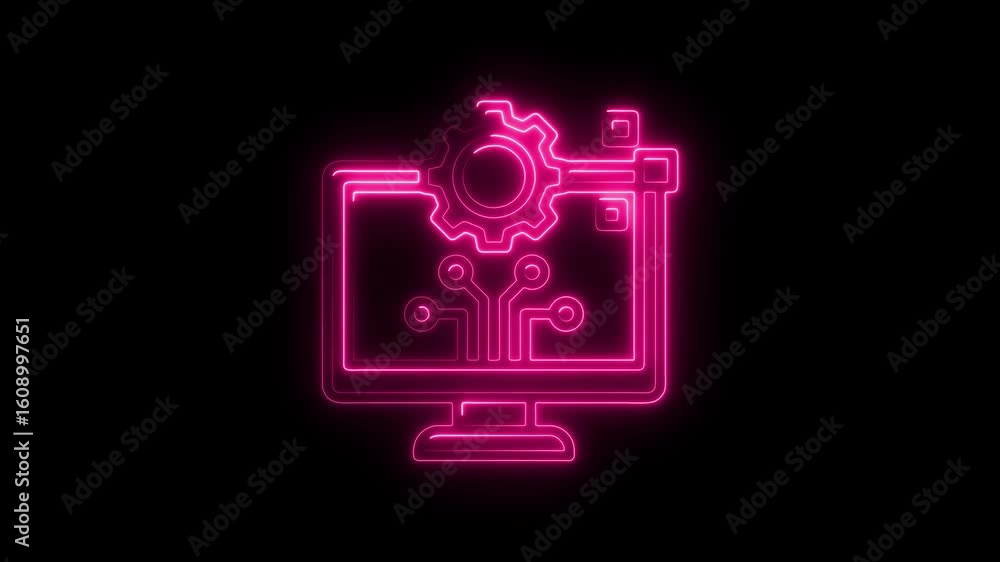 Poster neon pink computer system icon animated loop technology concept digital transformation gear
