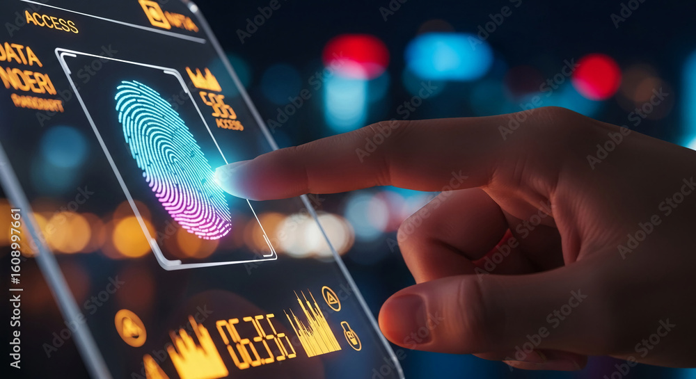 Poster finger scanning biometric authentication on digital device screen, showcasing modern technology and 