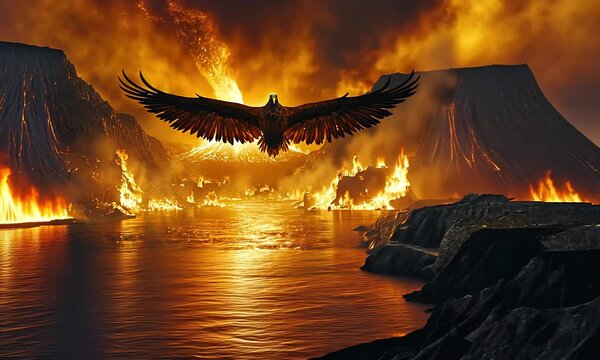 Fiery Volcanic Landscape with Soaring Eagle