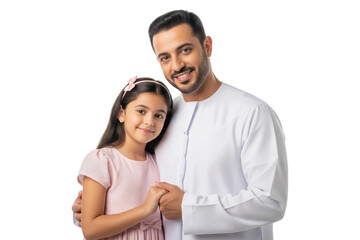 Obraz premium Smiling Middle Eastern father and his daughter in traditional attire holding hands