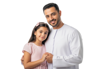 Smiling Middle Eastern father and his daughter in traditional attire holding hands