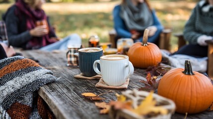 Festive autumn gathering outdoors with special pumpkin spice lattes on a rustic table surrounded by pumpkins colorful fall leaves cozy scarves and friends enjoying the crisp autumn air