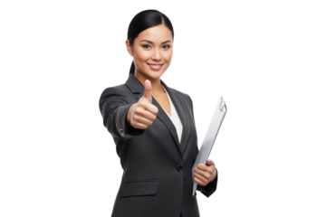 Confident young Asian businesswoman holding a clipboard and giving a thumbs-up