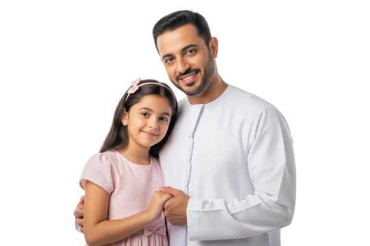 Smiling Middle Eastern father and his daughter in traditional attire holding hands
