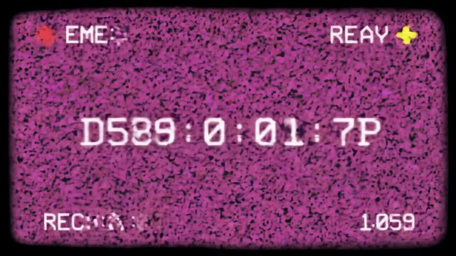 Static noise texture with timecode overlay on a purple background, concept for retro video effects, glitch art and digital distortion