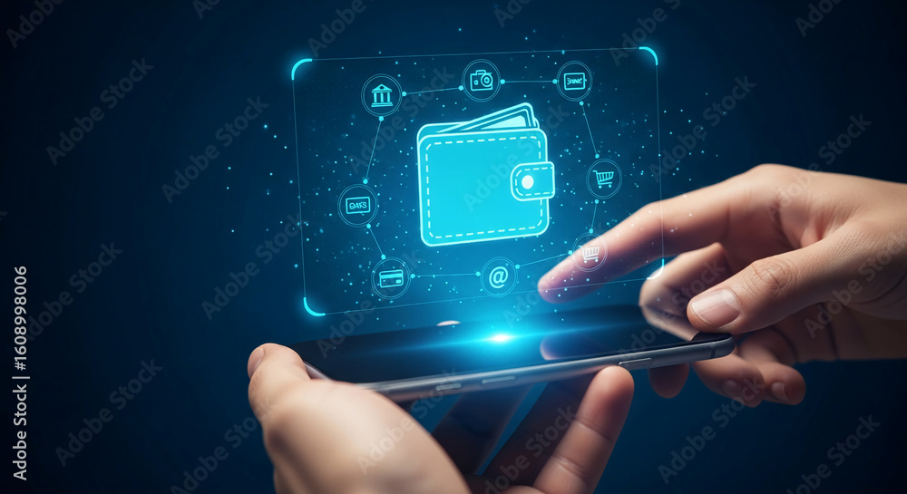 Poster hands hold phone displaying digital wallet interface, showcasing online banking, payments, and e-com