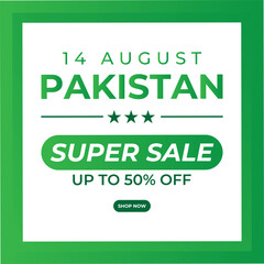 Pakistan Independence Day sale. 14 August sale banner. up to 50% off card. sales stamp design. Pakistan Day sale design and template. 