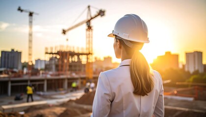 Woman engineer at sunset, overlooking construction site
