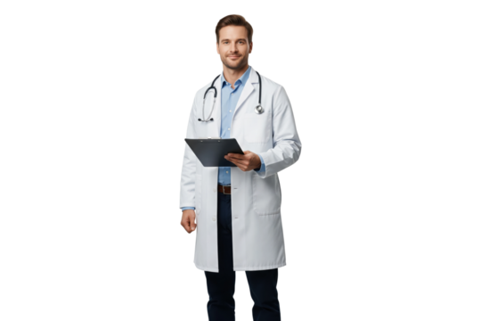 Confident young male doctor in a lab coat holding a clipboard and stethoscope