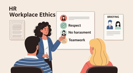 HR manager presents workplace ethics training to employees, emphasizing respect, teamwork, and harassment prevention.