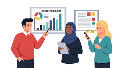 A diverse team of professionals collaborating in a meeting, analyzing monthly progress charts.
