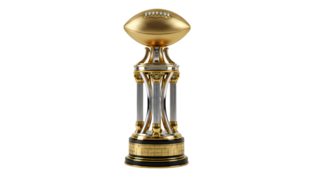 Gleaming gold football trophy on a clear background, signifying victory and achievement in American football.