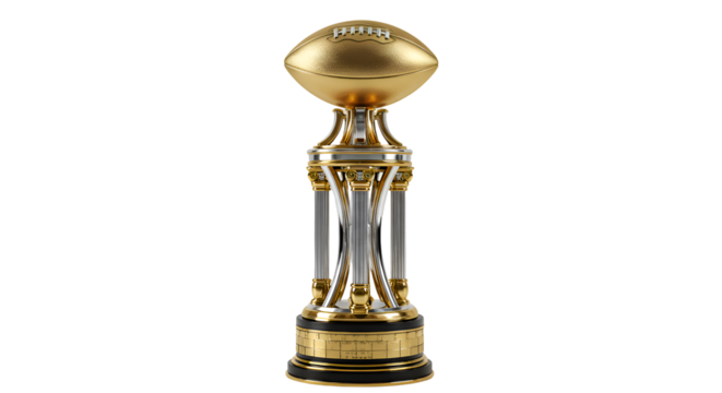 Gleaming gold football trophy on a clear background, signifying victory and achievement in American football.