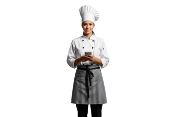 Confident professional female baker in a chef's hat holding a smartphone