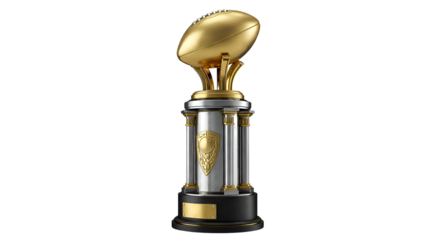 A shiny gold and silver American football championship trophy isolated on a white background.