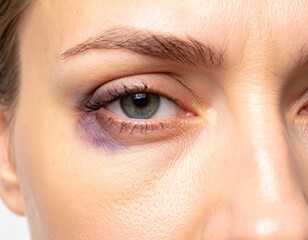 Fototapeta premium Close-up of a bruised area under the eye, showing a dark purple and blue discoloration on the skin